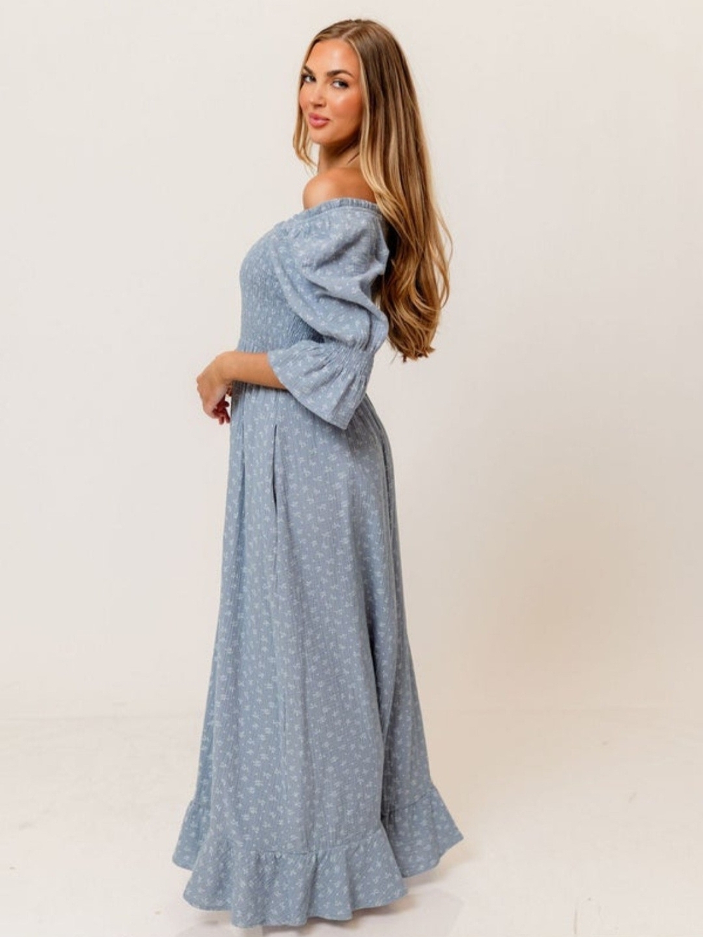 Smocked Off-Shoulder Dusty Blue Floral Maxi Dress